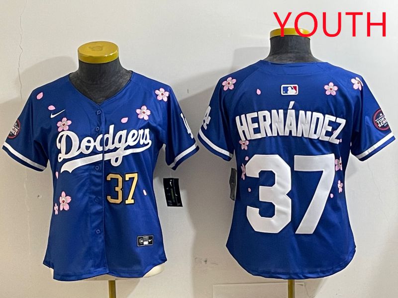 Youth Los Angeles Dodgers #37 Hernandez Blue Sakura Edition 2025 Nike MLB Jersey style 4